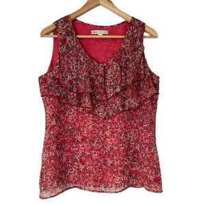 CLEO BRIGHT FLOWY FLORAL SLEEVELESS TOP/BLOUSE WITH FRONT RUFFLE, SMALL